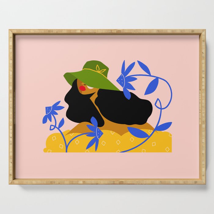 Summer in Bloom - Black Woman in Hat with Florals Serving Tray Gallery Image 1