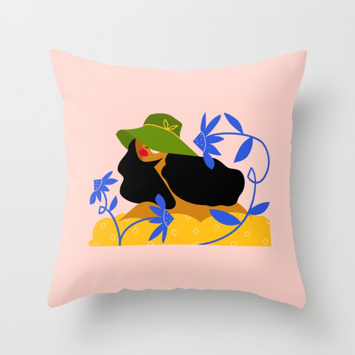 Summer in Bloom - Black Woman in Hat with Florals Throw Pillow Gallery Image 6