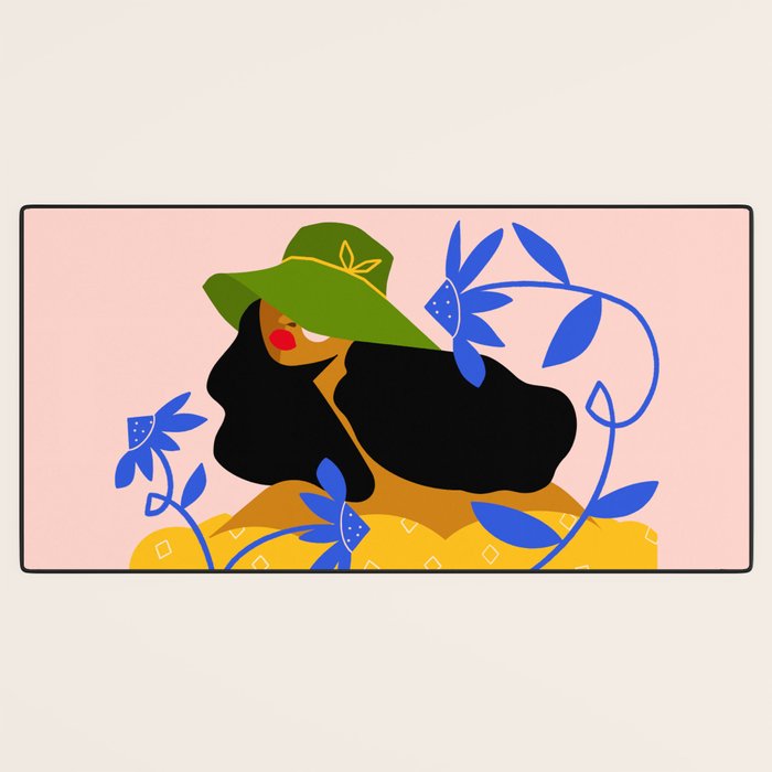 Summer in Bloom - Black Woman in Hat with Florals Desk Mat Gallery Image 3