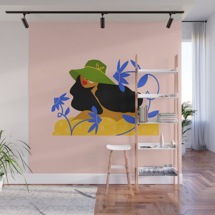 Summer in Bloom - Black Woman in Hat with Florals Wall Mural Gallery Image 1