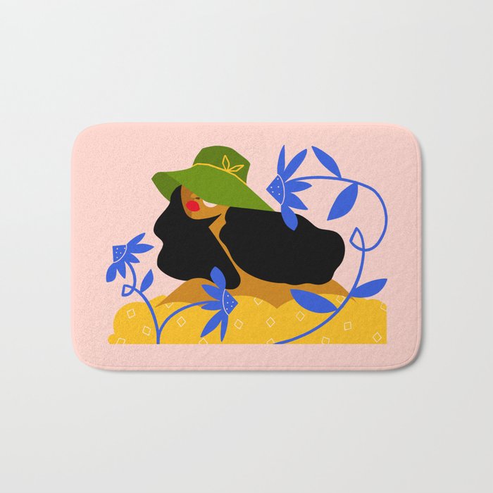 Summer in Bloom - Black Woman in Hat with Florals Bath Mat Gallery Image 1