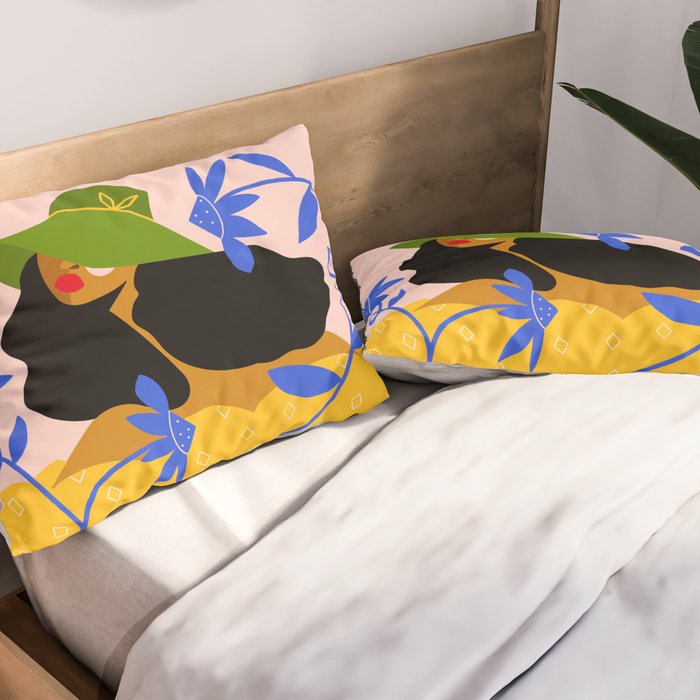 Summer in Bloom - Black Woman in Hat with Florals Pillow Sham Gallery Image 2