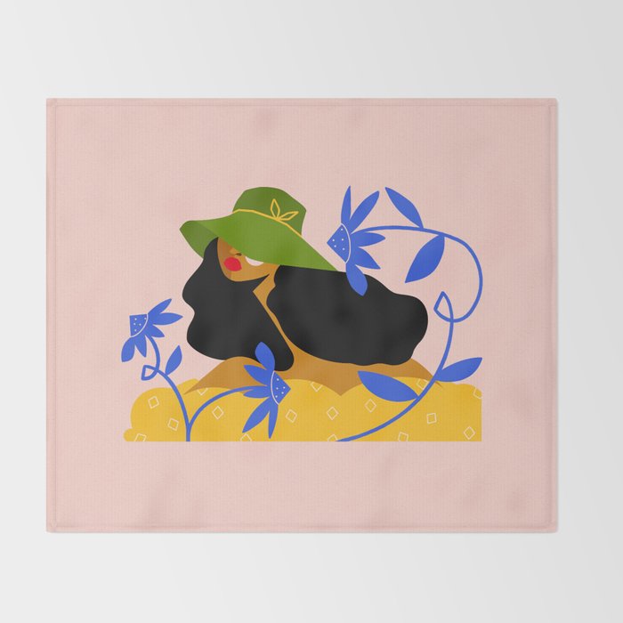 Summer in Bloom - Black Woman in Hat with Florals Throw Blanket Gallery Image 2