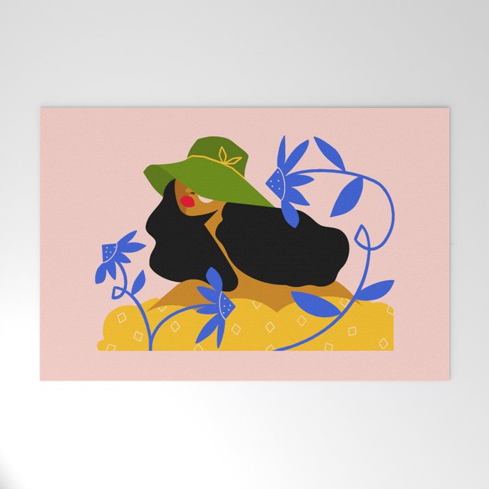 Summer in Bloom - Black Woman in Hat with Florals Welcome Mat Gallery Image 1