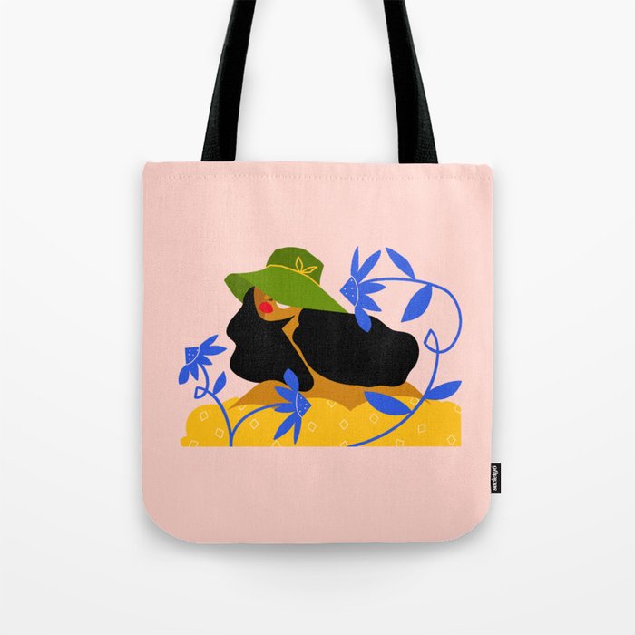 Summer in Bloom - Black Woman in Hat with Florals Tote Bag Gallery Image 1