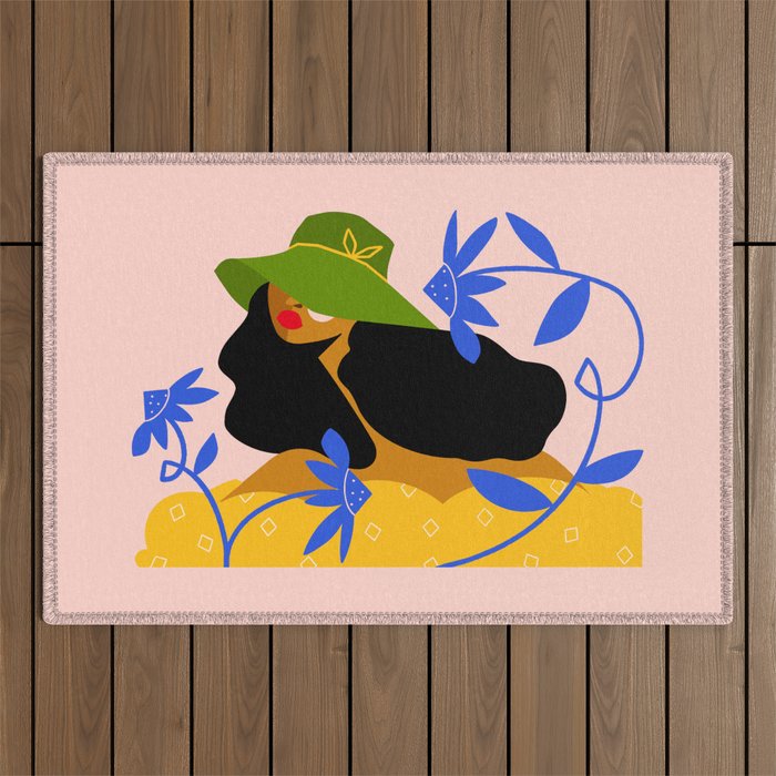 Summer in Bloom - Black Woman in Hat with Florals Outdoor Rug Gallery Image 1