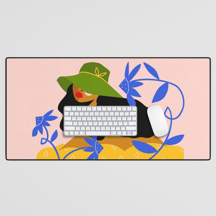 Summer in Bloom - Black Woman in Hat with Florals Desk Mat Gallery Image 1