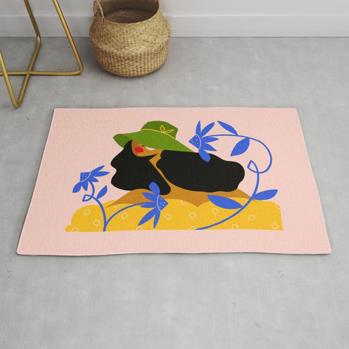 Summer in Bloom - Black Woman in Hat with Florals Rug Gallery Image 1