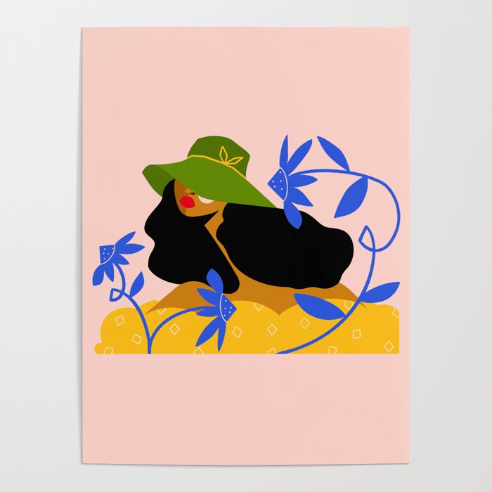 Summer in Bloom - Black Woman in Hat with Florals Poster Gallery Image 4