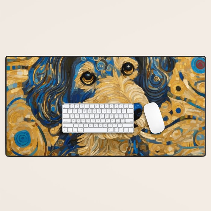 Cute Blue and Gold Klimt Dog Desk Mat Gallery Image 1
