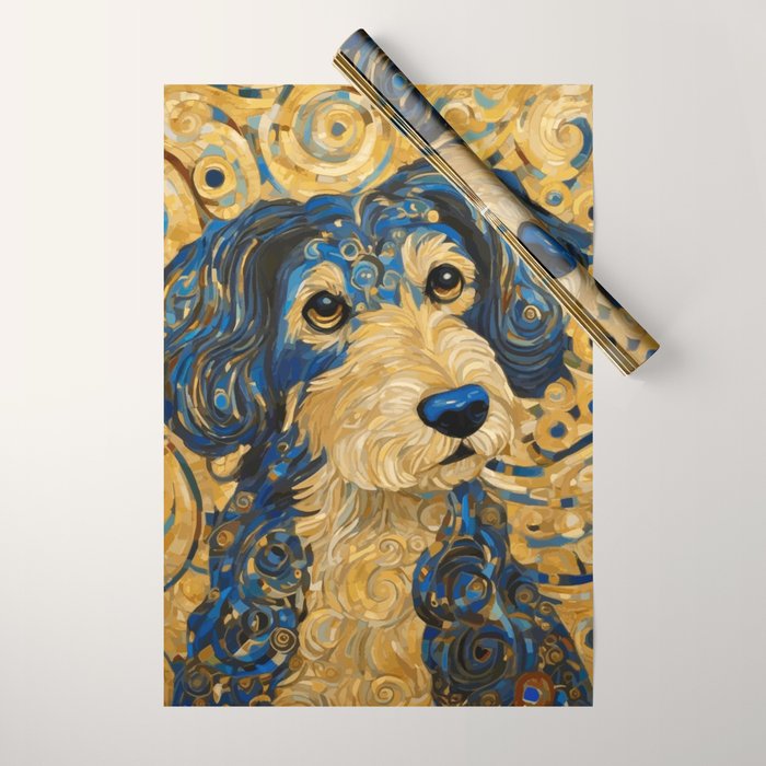Cute Blue and Gold Klimt Dog Wrapping Paper Gallery Image 1