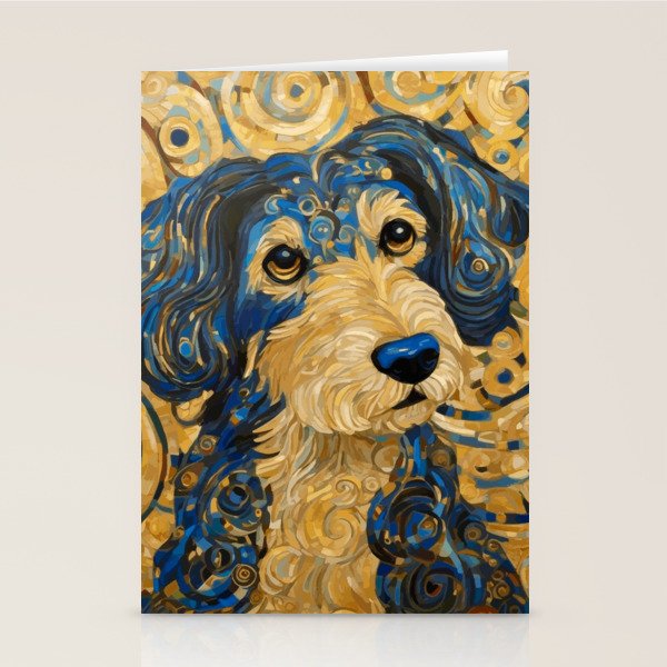 Cute Blue and Gold Klimt Dog Stationery Card Gallery Image 1