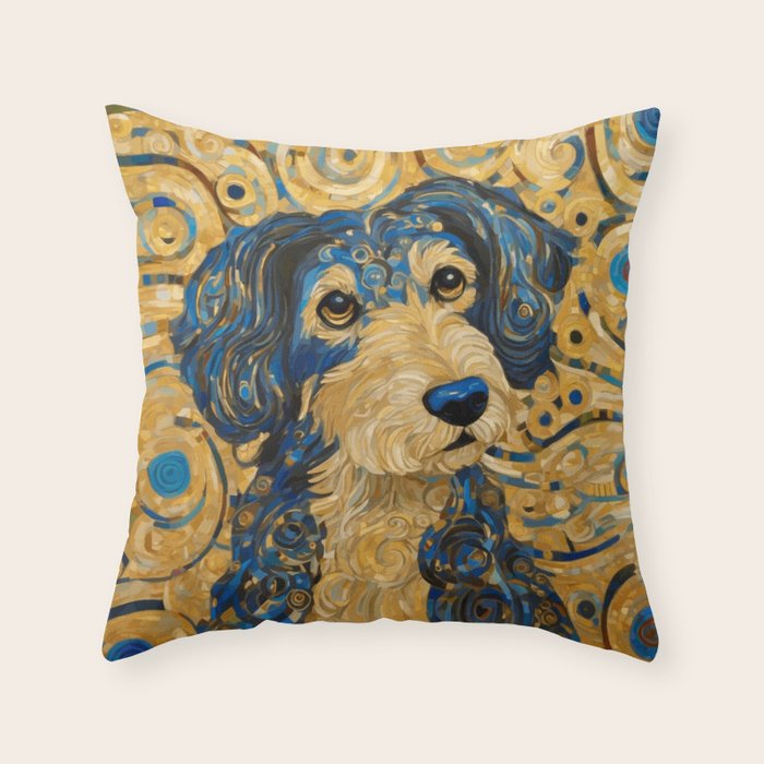 Cute Blue and Gold Klimt Dog Throw Pillow Gallery Image 6