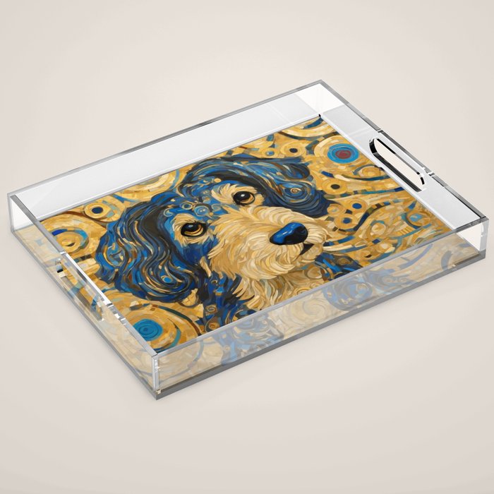 Cute Blue and Gold Klimt Dog Acrylic Tray Gallery Image 1