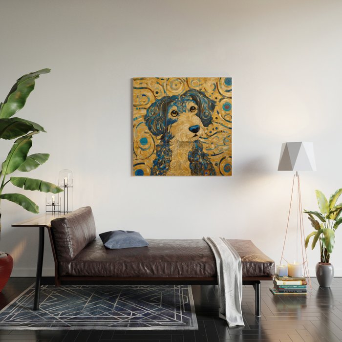 Cute Blue and Gold Klimt Dog Wood Wall Art Gallery Image 2