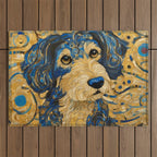 Cute Blue and Gold Klimt Dog Outdoor Rug Gallery Image 1