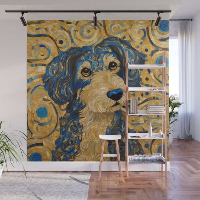 Cute Blue and Gold Klimt Dog Wall Mural Gallery Image 1