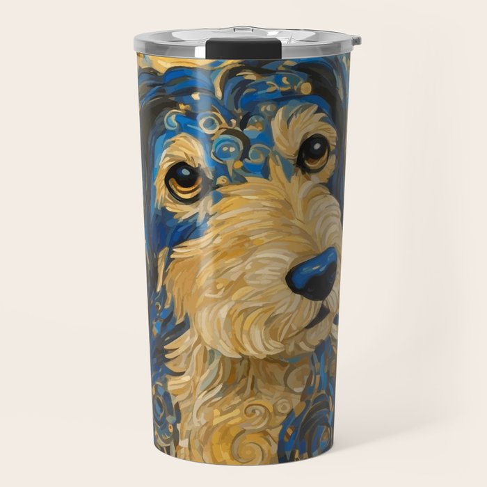 Cute Blue and Gold Klimt Dog Travel Mug Gallery Image 1