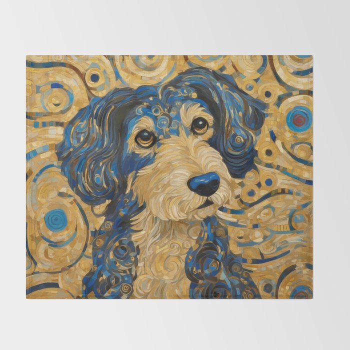 Cute Blue and Gold Klimt Dog Throw Blanket Gallery Image 2