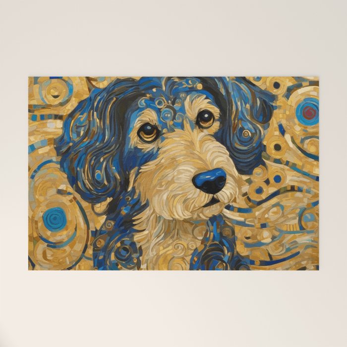 Cute Blue and Gold Klimt Dog Welcome Mat Gallery Image 1