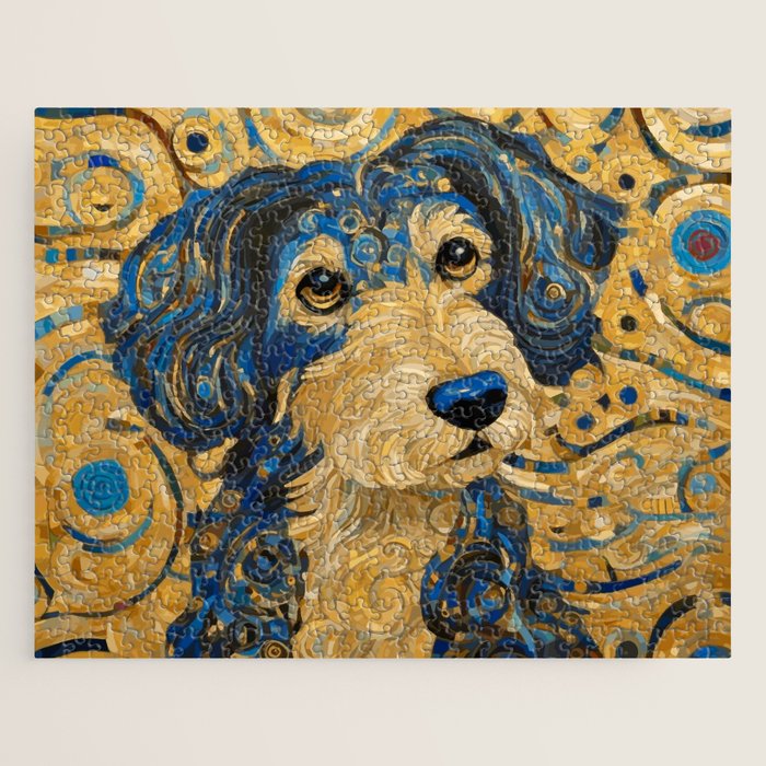 Cute Blue and Gold Klimt Dog Jigsaw Puzzle Gallery Image 1