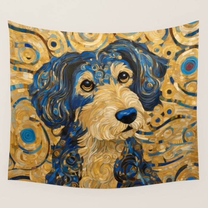 Cute Blue and Gold Klimt Dog Wall Tapestry Gallery Image 1