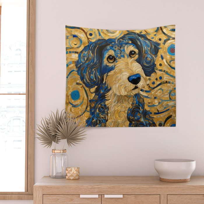 Cute Blue and Gold Klimt Dog Wall Tapestry Gallery Image 2