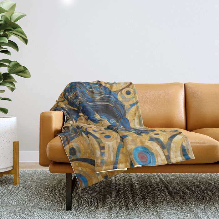 Cute Blue and Gold Klimt Dog Throw Blanket Gallery Image 1