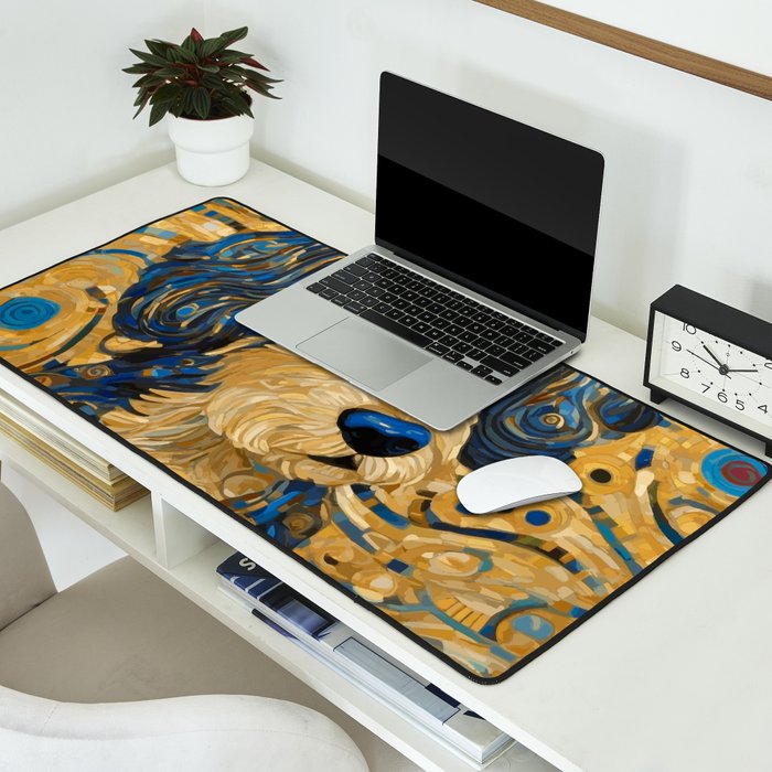 Cute Blue and Gold Klimt Dog Desk Mat Gallery Image 2