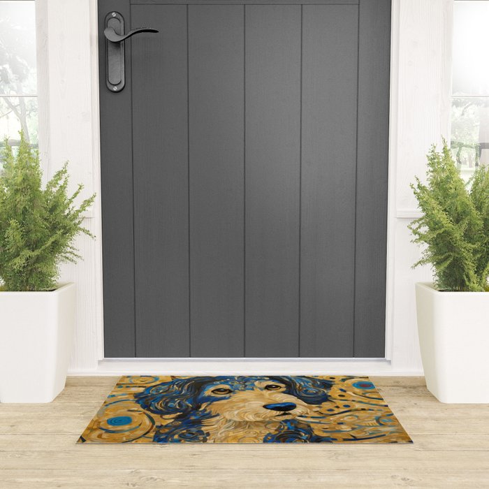 Cute Blue and Gold Klimt Dog Welcome Mat Gallery Image 3