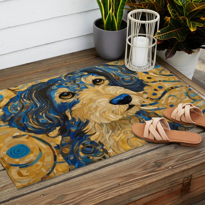 Cute Blue and Gold Klimt Dog Outdoor Rug Gallery Image 2