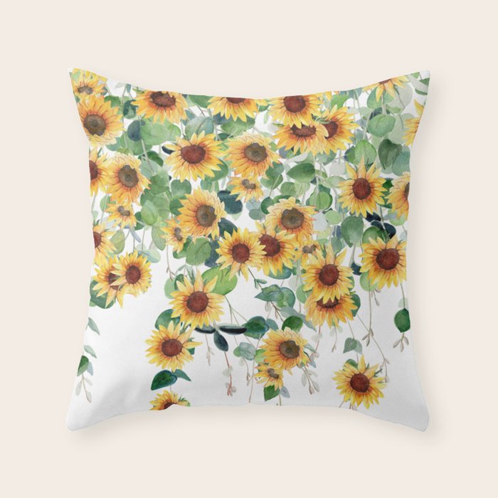 Sunflowers and Eucalyptus Garland  Throw Pillow Gallery Image 1