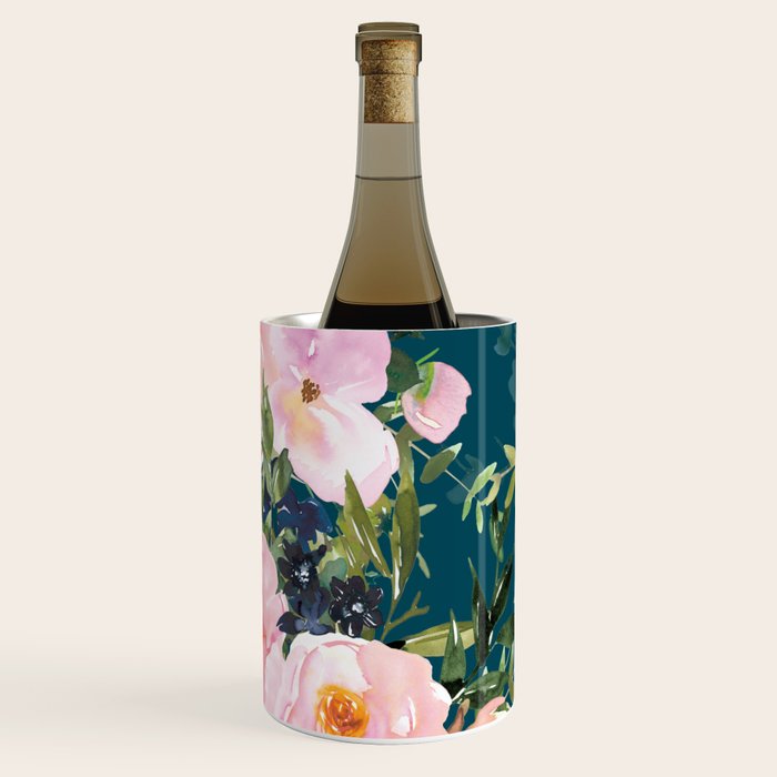 Floral Watercolor Rose Garden, Teal and Pink,  Vintage, Wall Art Boho Wine Chiller Gallery Image 3