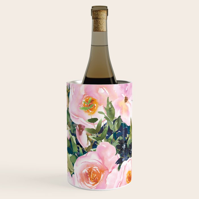 Floral Watercolor Rose Garden, Teal and Pink,  Vintage, Wall Art Boho Wine Chiller Gallery Image 1