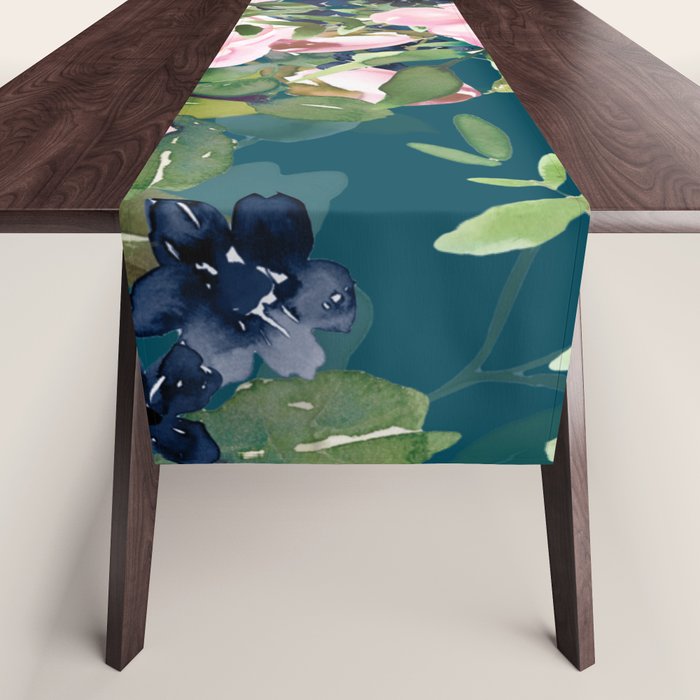 Floral Watercolor Rose Garden, Teal and Pink,  Vintage, Wall Art Boho Table Runner Gallery Image 1