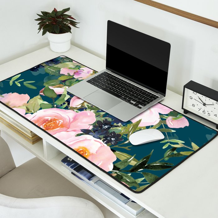Floral Watercolor Rose Garden, Teal and Pink,  Vintage, Wall Art Boho Desk Mat Gallery Image 2
