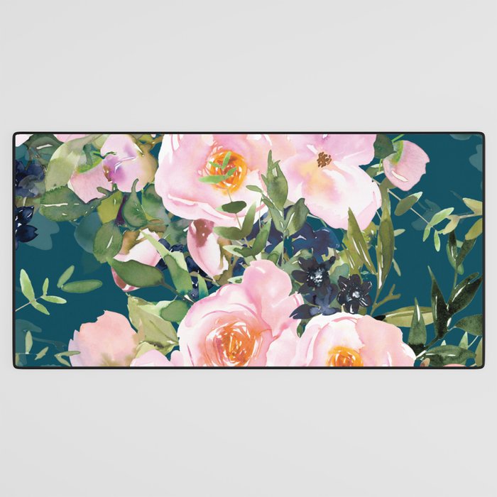 Floral Watercolor Rose Garden, Teal and Pink,  Vintage, Wall Art Boho Desk Mat Gallery Image 3