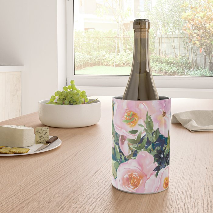 Floral Watercolor Rose Garden, Teal and Pink,  Vintage, Wall Art Boho Wine Chiller Gallery Image 4
