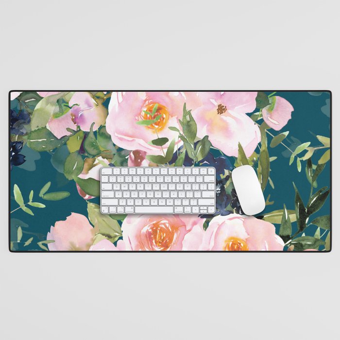 Floral Watercolor Rose Garden, Teal and Pink,  Vintage, Wall Art Boho Desk Mat Gallery Image 1