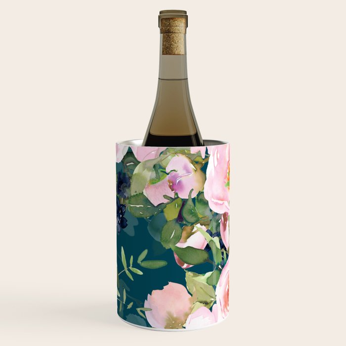Floral Watercolor Rose Garden, Teal and Pink,  Vintage, Wall Art Boho Wine Chiller Gallery Image 2