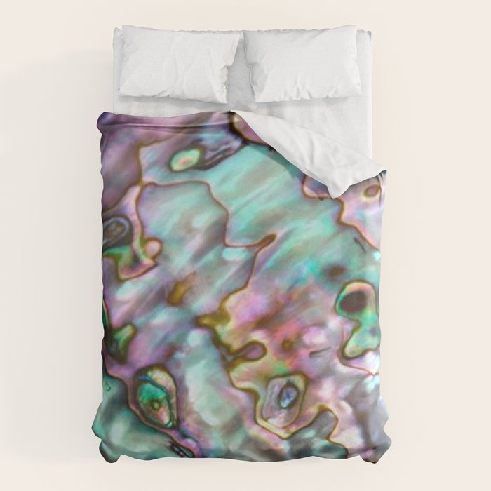 Glowing Cotton Candy Pink & Green Abalone Mother of Pearl Duvet Cover Gallery Image 1
