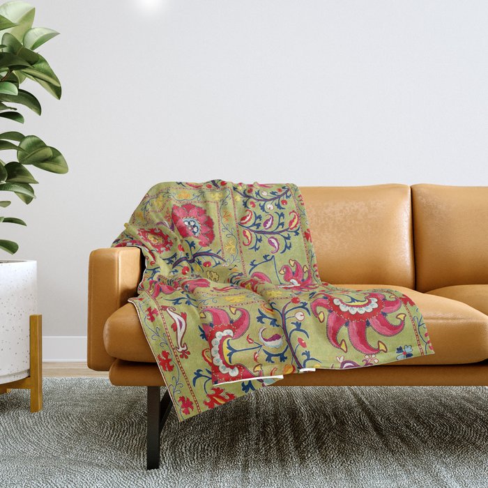 Lakai Suzani Uzbekistan Floral Embroidery Print Throw Blanket Gallery Image 1