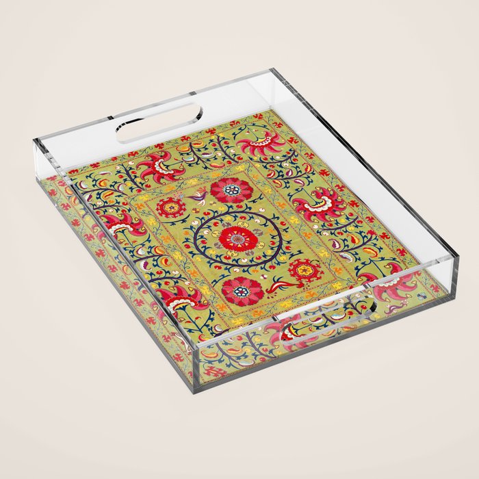 Lakai Suzani Uzbekistan Floral Embroidery Print Acrylic Tray Gallery Image 1