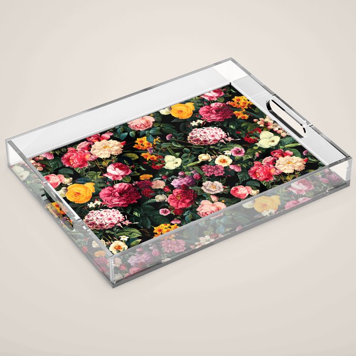 Floral D - Red, Pink, Yellow, Green, Black Baroque Floral Blossom Acrylic Tray Gallery Image 1