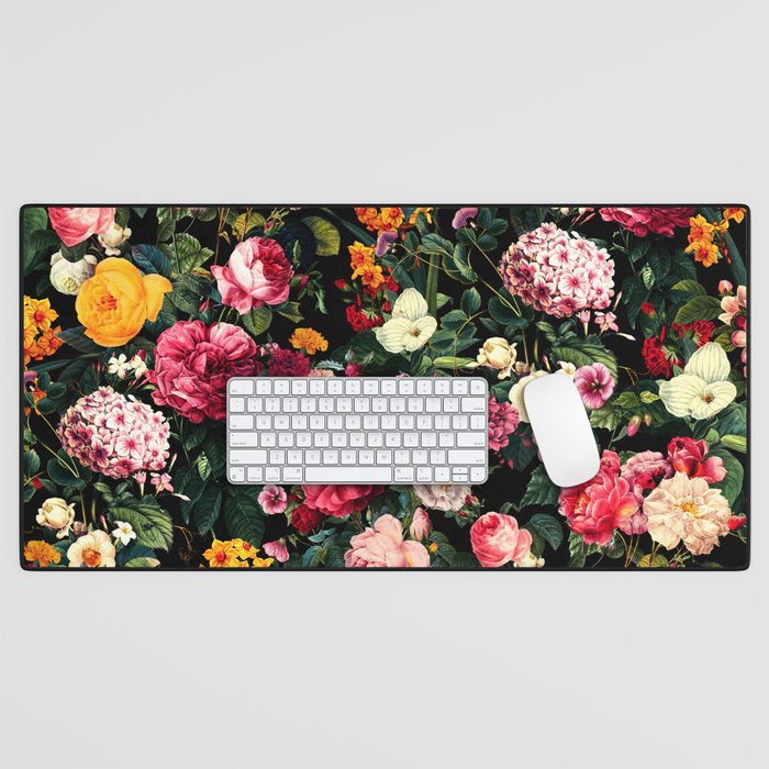 Floral D - Red, Pink, Yellow, Green, Black Baroque Floral Blossom Desk Mat Gallery Image 1