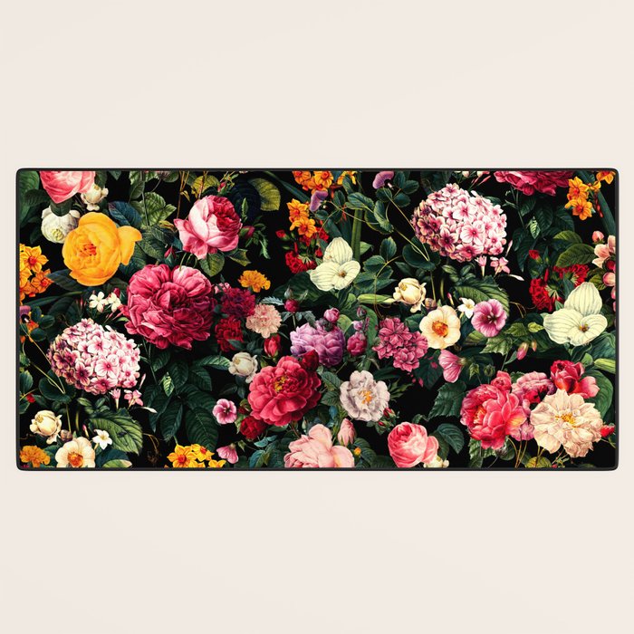Floral D - Red, Pink, Yellow, Green, Black Baroque Floral Blossom Desk Mat Gallery Image 3