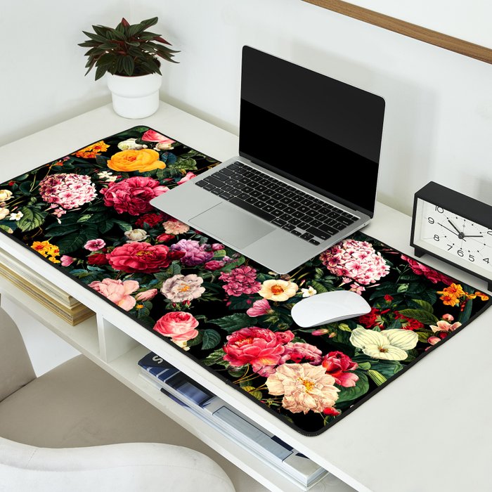 Floral D - Red, Pink, Yellow, Green, Black Baroque Floral Blossom Desk Mat Gallery Image 2