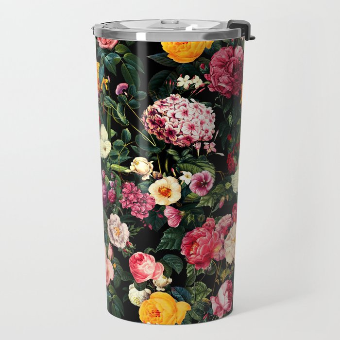 Floral D - Red, Pink, Yellow, Green, Black Baroque Floral Blossom Travel Mug Gallery Image 2