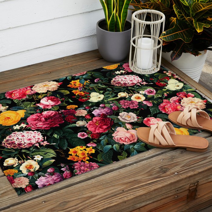 Floral D - Red, Pink, Yellow, Green, Black Baroque Floral Blossom Outdoor Rug Gallery Image 2