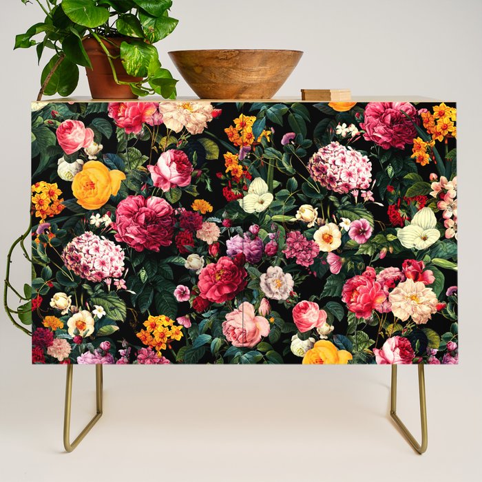 Floral D - Red, Pink, Yellow, Green, Black Baroque Floral Blossom Credenza Gallery Image 1